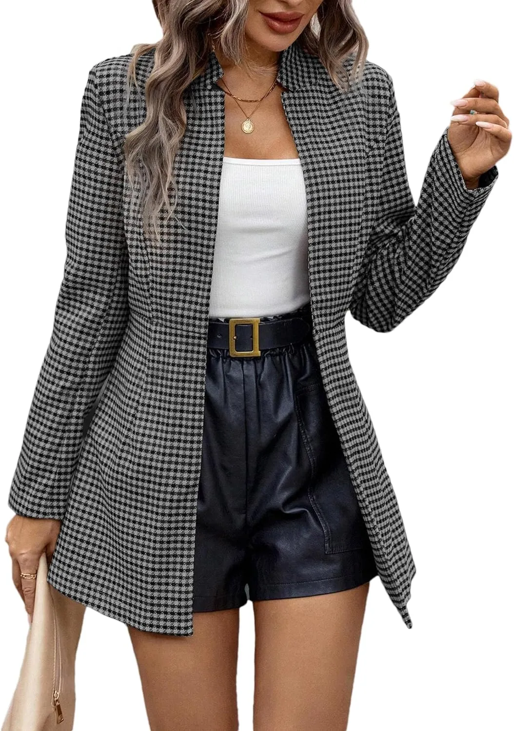 2025 Womens Spring Long Plaid Blazer Jacket Houndstooth Notch-Collar Open Front Fashion Casual Suit with Pockets