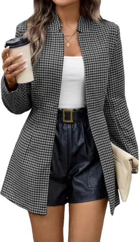2025 Womens Spring Long Plaid Blazer Jacket Houndstooth Notch-Collar Open Front Fashion Casual Suit with Pockets