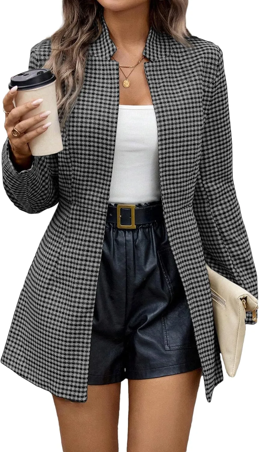 2025 Womens Spring Long Plaid Blazer Jacket Houndstooth Notch-Collar Open Front Fashion Casual Suit with Pockets