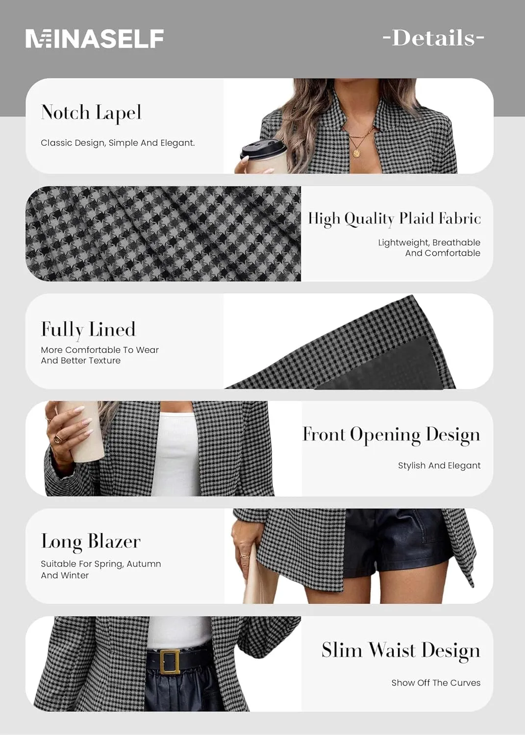 2025 Womens Spring Long Plaid Blazer Jacket Houndstooth Notch-Collar Open Front Fashion Casual Suit with Pockets