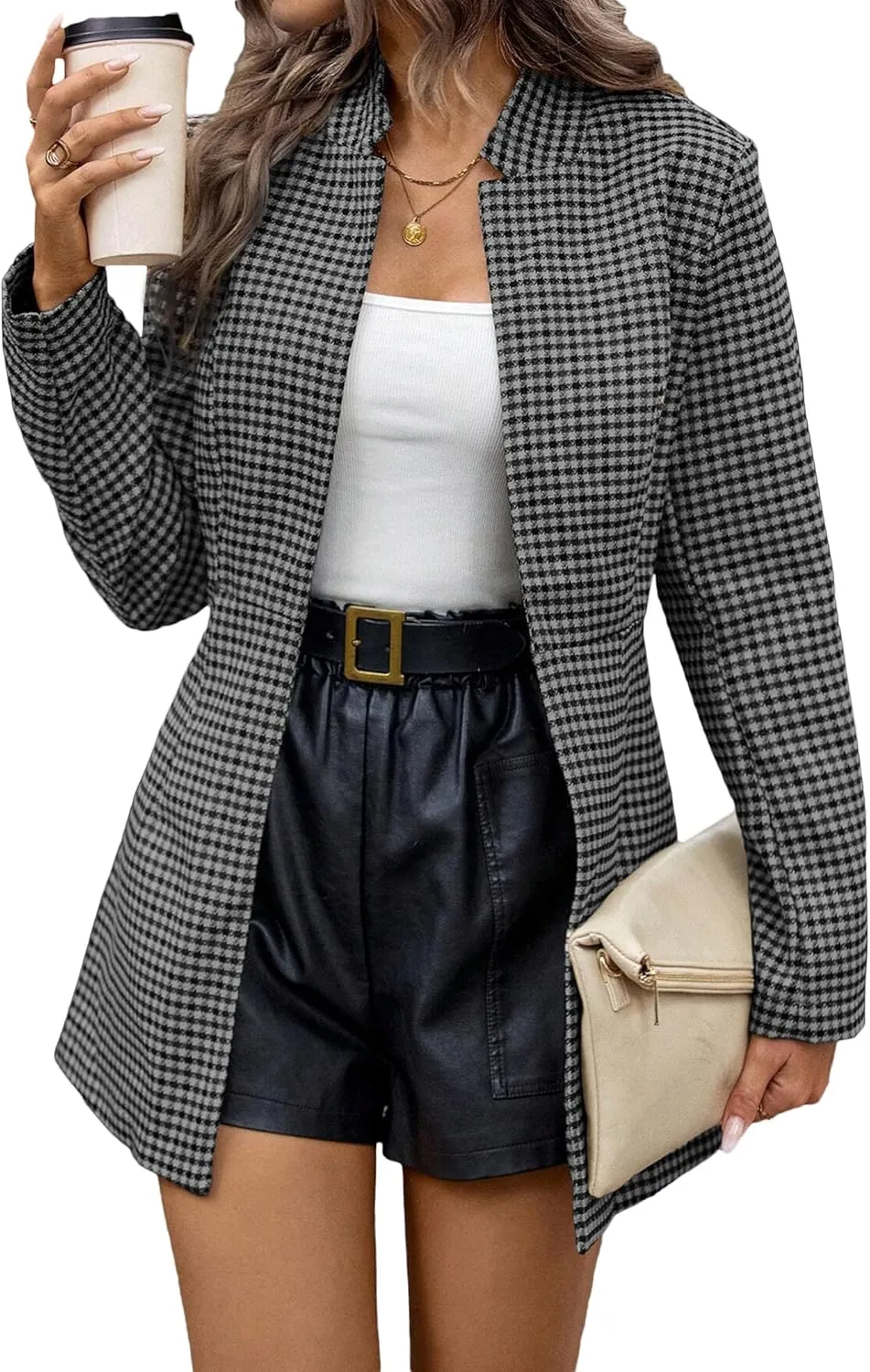 2025 Womens Spring Long Plaid Blazer Jacket Houndstooth Notch-Collar Open Front Fashion Casual Suit with Pockets