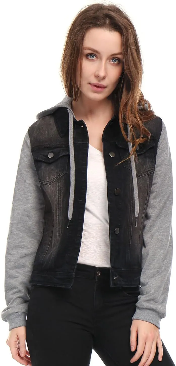 Allegra K Women's Layered Drawstring Hood Denim Jacket with Pockets