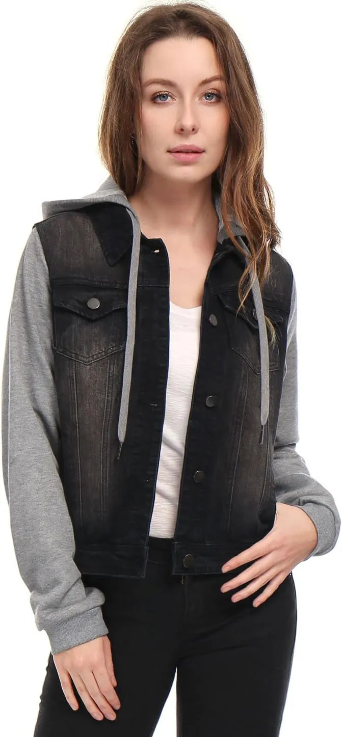 Allegra K Women's Layered Drawstring Hood Denim Jacket with Pockets