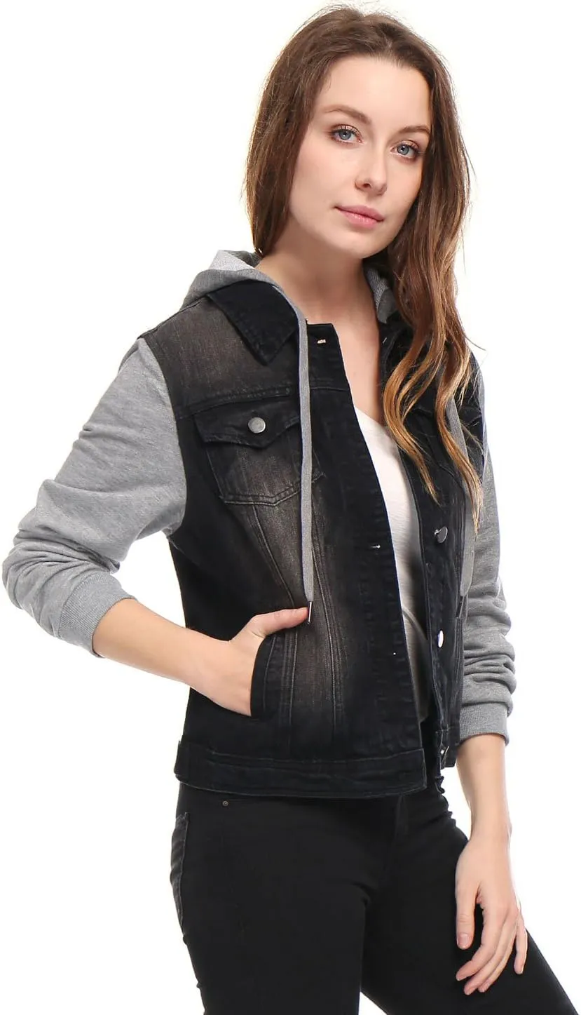 Allegra K Women's Layered Drawstring Hood Denim Jacket with Pockets