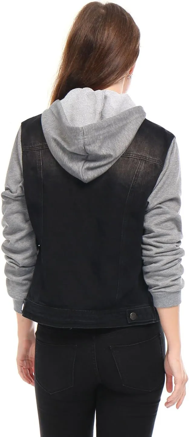 Allegra K Women's Layered Drawstring Hood Denim Jacket with Pockets