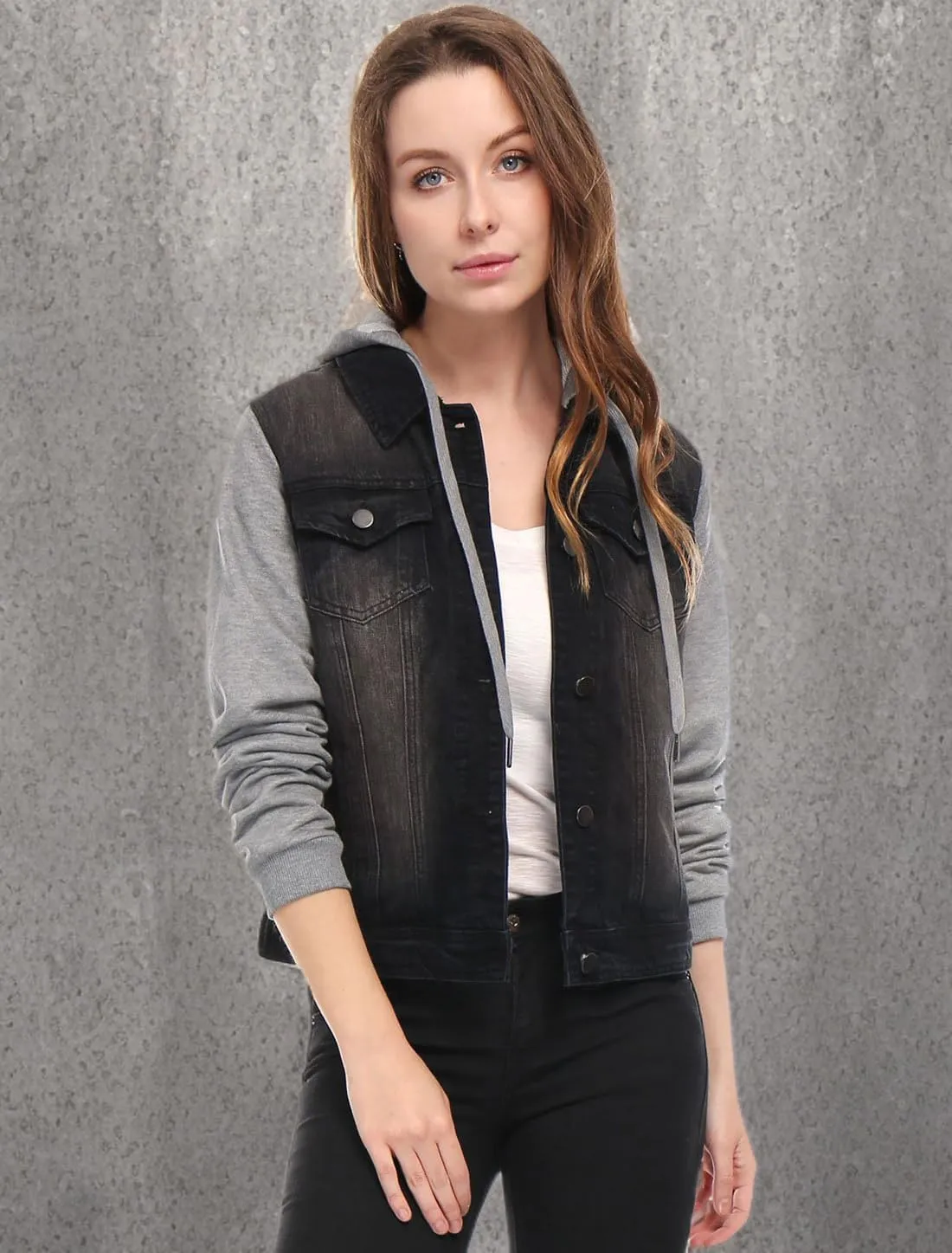 Allegra K Women's Layered Drawstring Hood Denim Jacket with Pockets
