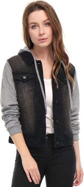 Allegra K Women's Layered Drawstring Hood Denim Jacket with Pockets