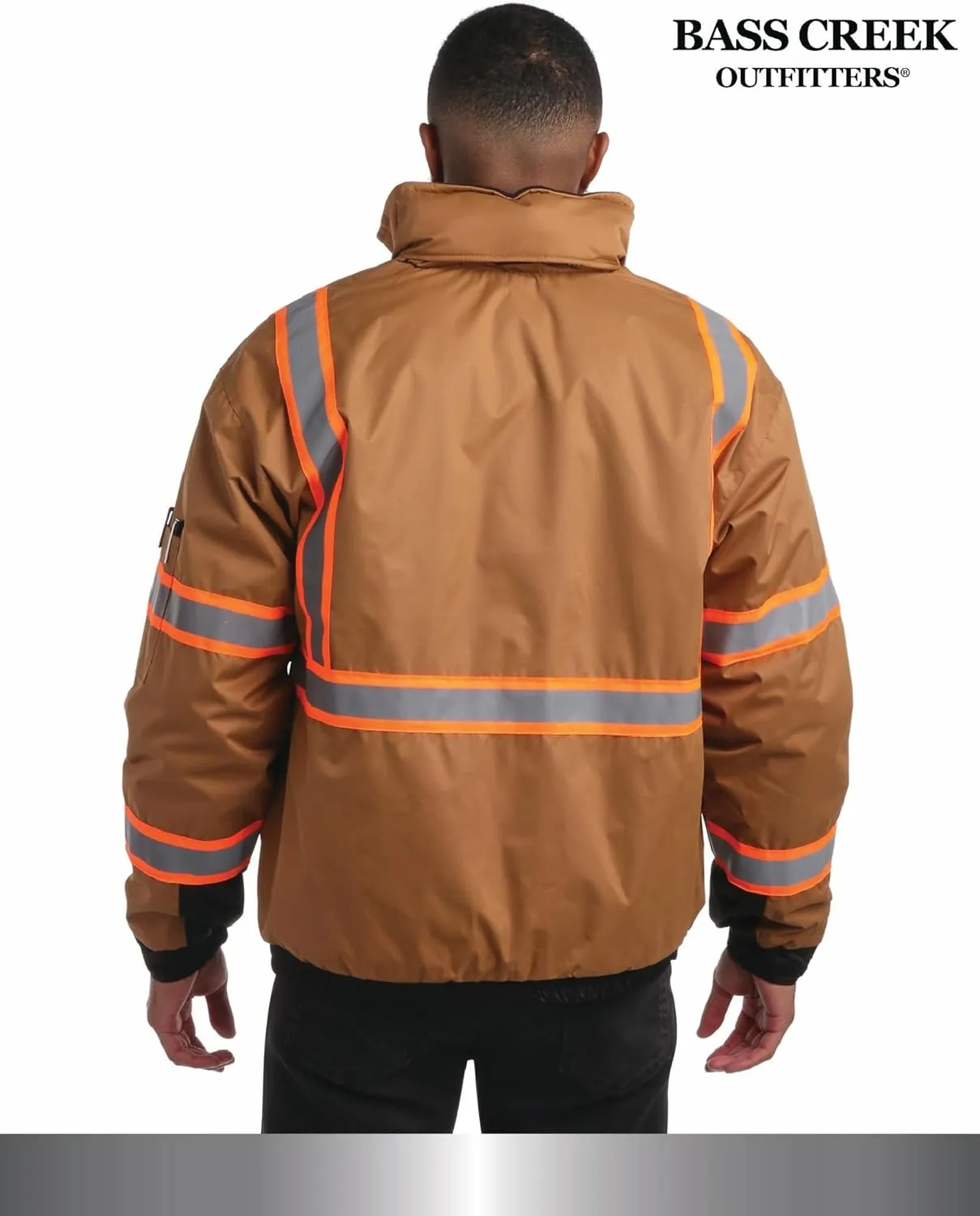 Bass Creek Outfitters Men's High Visibility Safety Jacket - Heavy Duty Waterproof Workwear with Packable Hood (Sizes: M-XXL)
