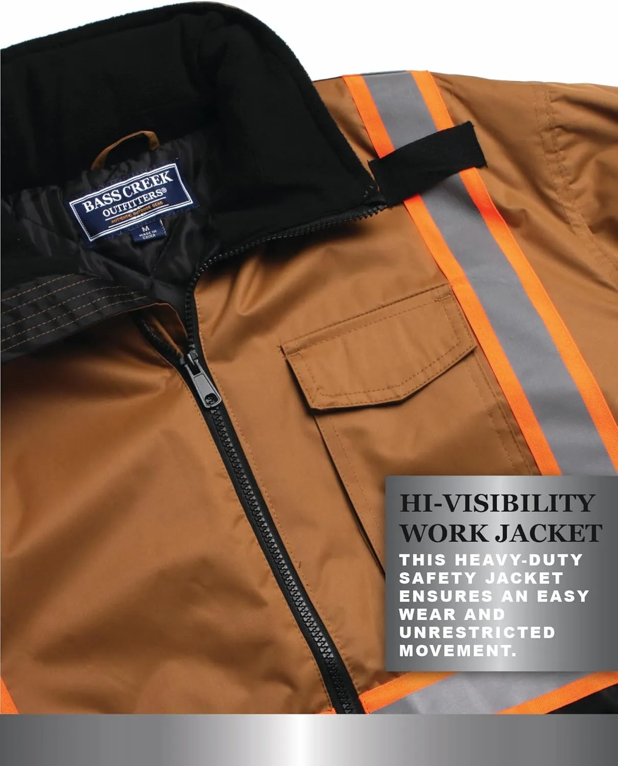 Bass Creek Outfitters Men's High Visibility Safety Jacket - Heavy Duty Waterproof Workwear with Packable Hood (Sizes: M-XXL)