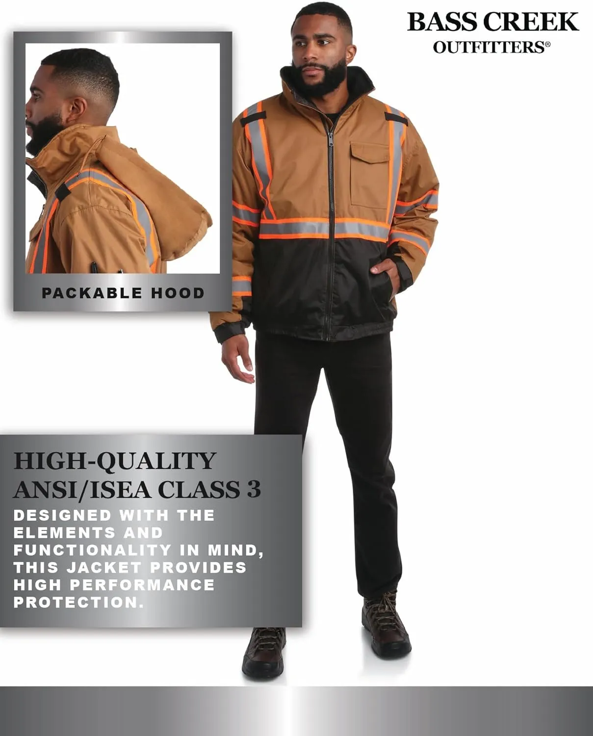 Bass Creek Outfitters Men's High Visibility Safety Jacket - Heavy Duty Waterproof Workwear with Packable Hood (Sizes: M-XXL)