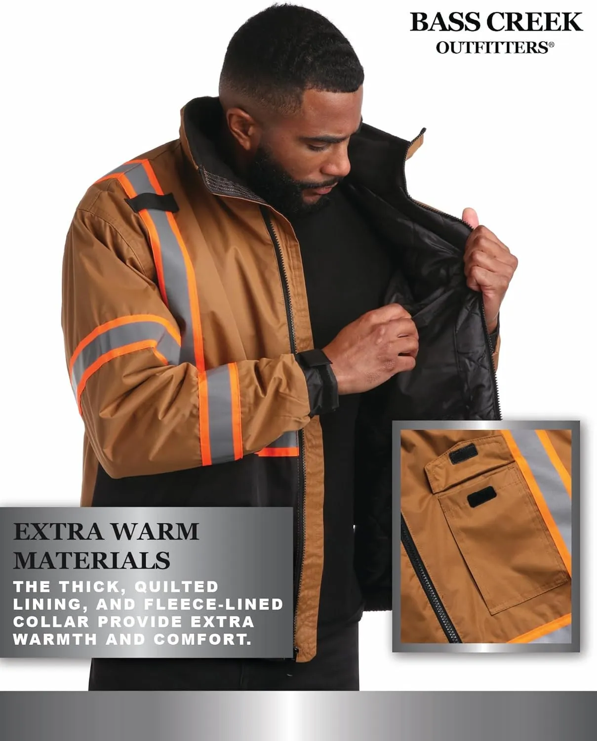 Bass Creek Outfitters Men's High Visibility Safety Jacket - Heavy Duty Waterproof Workwear with Packable Hood (Sizes: M-XXL)