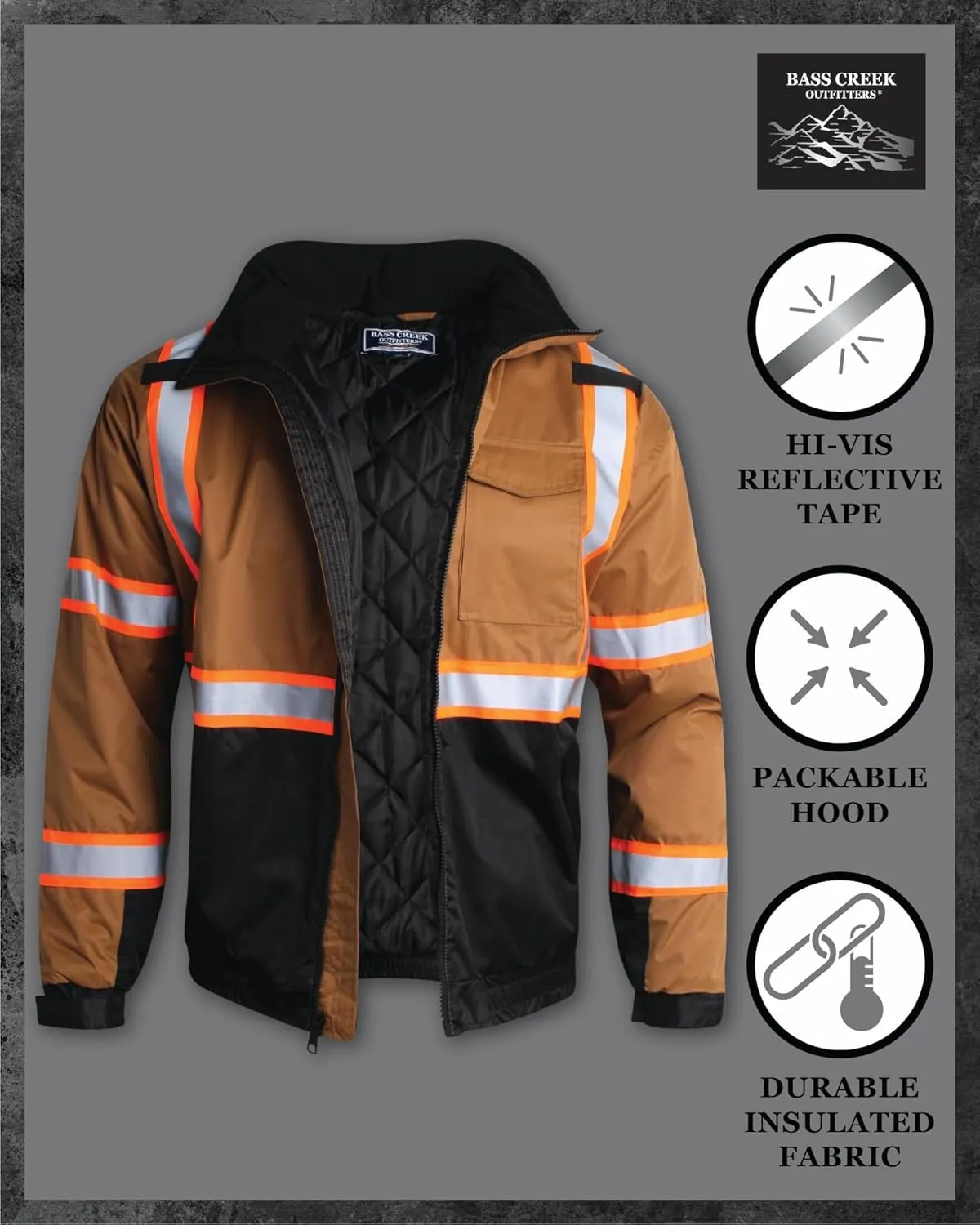 Bass Creek Outfitters Men's High Visibility Safety Jacket - Heavy Duty Waterproof Workwear with Packable Hood (Sizes: M-XXL)