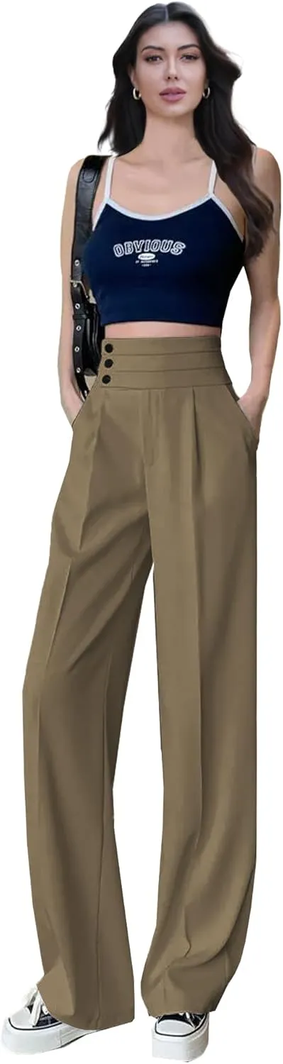 Betusline Women's High Waist Dress Pants Business Side Button Work Wide Leg Pants Straight Leg Trousers, X-Small-XX-Large