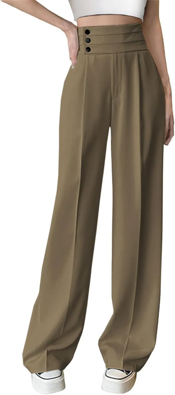 Betusline Women's High Waist Dress Pants Business Side Button Work Wide Leg Pants Straight Leg Trousers, X-Small-XX-Large
