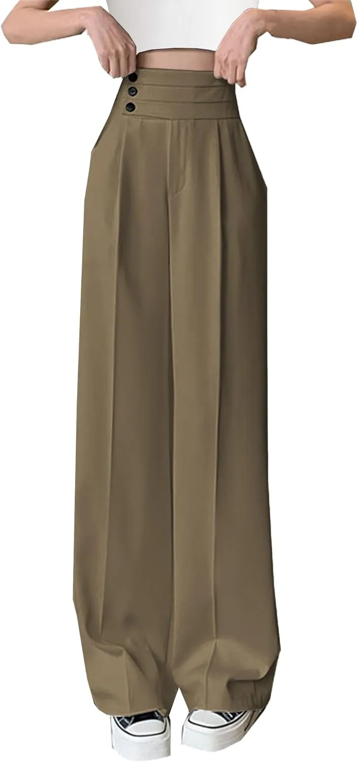 Betusline Women's High Waist Dress Pants Business Side Button Work Wide Leg Pants Straight Leg Trousers, X-Small-XX-Large