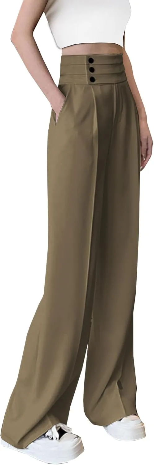 Betusline Women's High Waist Dress Pants Business Side Button Work Wide Leg Pants Straight Leg Trousers, X-Small-XX-Large