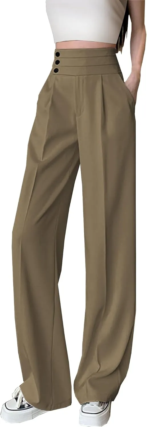 Betusline Women's High Waist Dress Pants Business Side Button Work Wide Leg Pants Straight Leg Trousers, X-Small-XX-Large