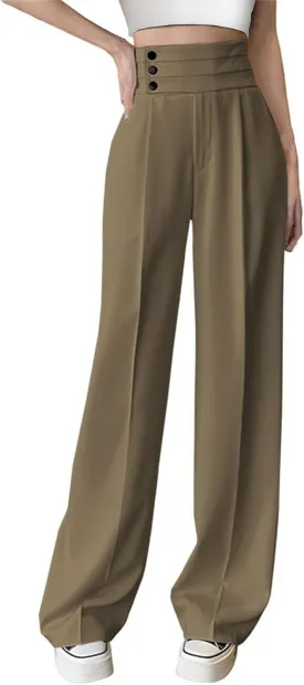 Betusline Women's High Waist Dress Pants Business Side Button Work Wide Leg Pants Straight Leg Trousers, X-Small-XX-Large