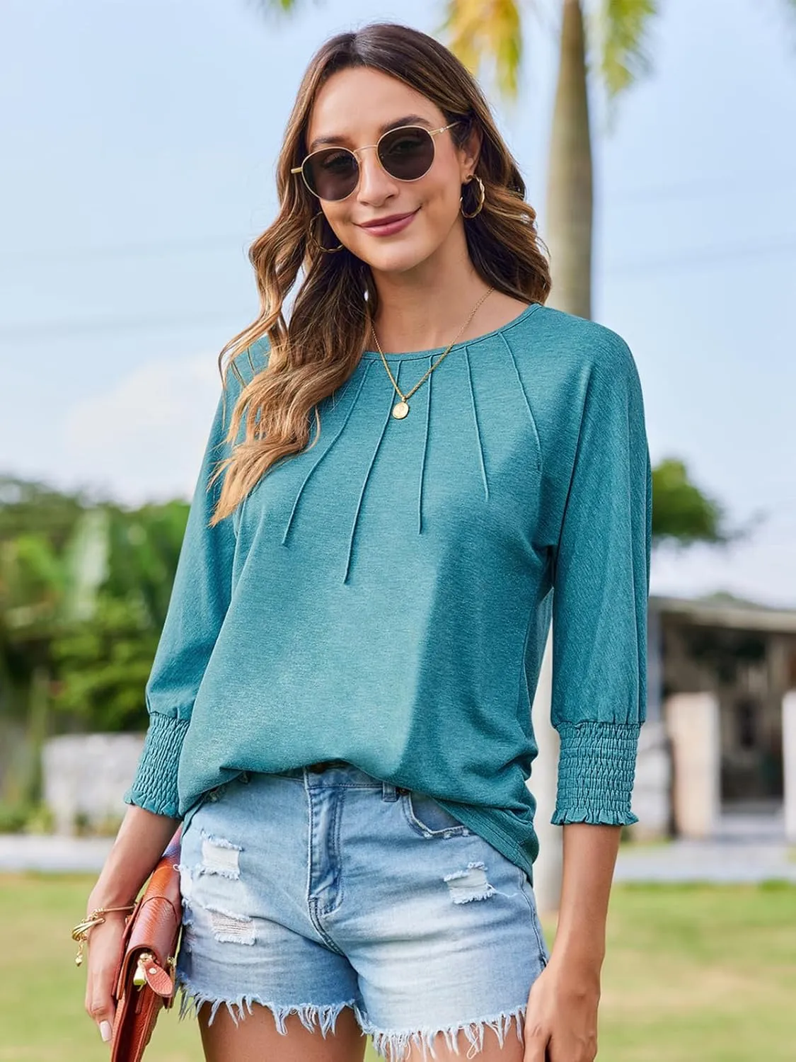Bluetime Womens Crew Neck 3/4 Sleeve Tops Loose Fit Shirts Casual Solid Basic Tees Shirt Blouses