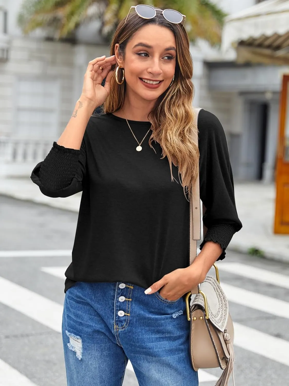 Bluetime Womens Crew Neck 3/4 Sleeve Tops Loose Fit Shirts Casual Solid Basic Tees Shirt Blouses