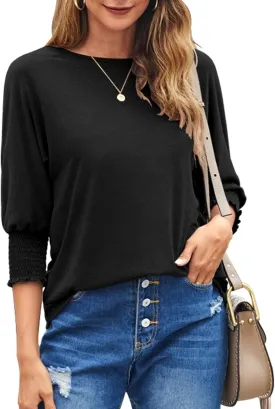 Bluetime Womens Crew Neck 3/4 Sleeve Tops Loose Fit Shirts Casual Solid Basic Tees Shirt Blouses