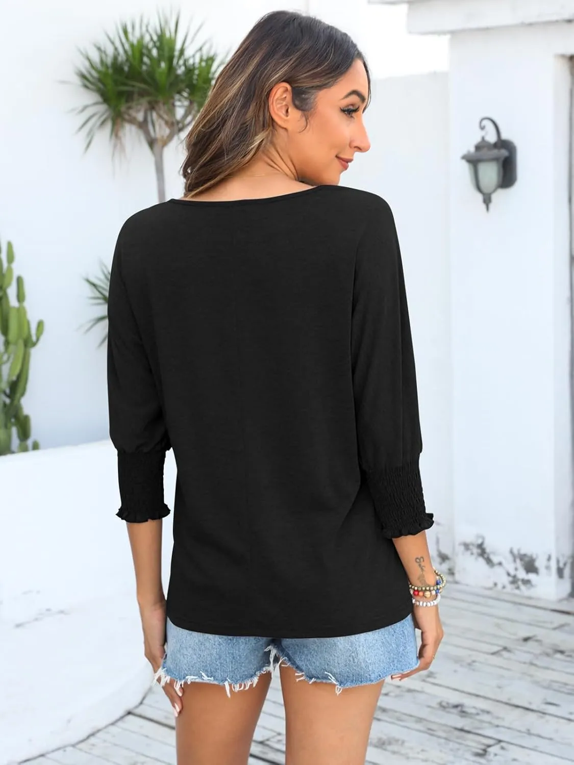 Bluetime Womens Crew Neck 3/4 Sleeve Tops Loose Fit Shirts Casual Solid Basic Tees Shirt Blouses