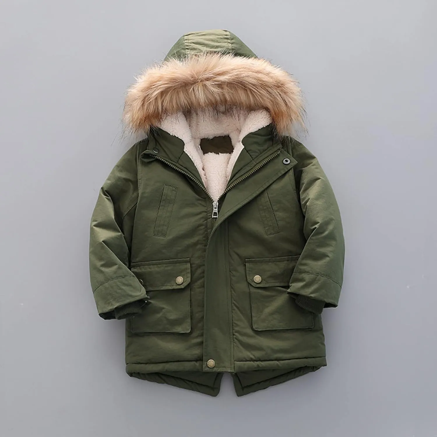 Boys and Toddler's Winter Coat Fleece Lined Long Puffer Jacket Insulated Parka with Faux Fur Collar Hooded Down Coat