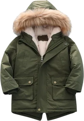 Boys and Toddler's Winter Coat Fleece Lined Long Puffer Jacket Insulated Parka with Faux Fur Collar Hooded Down Coat