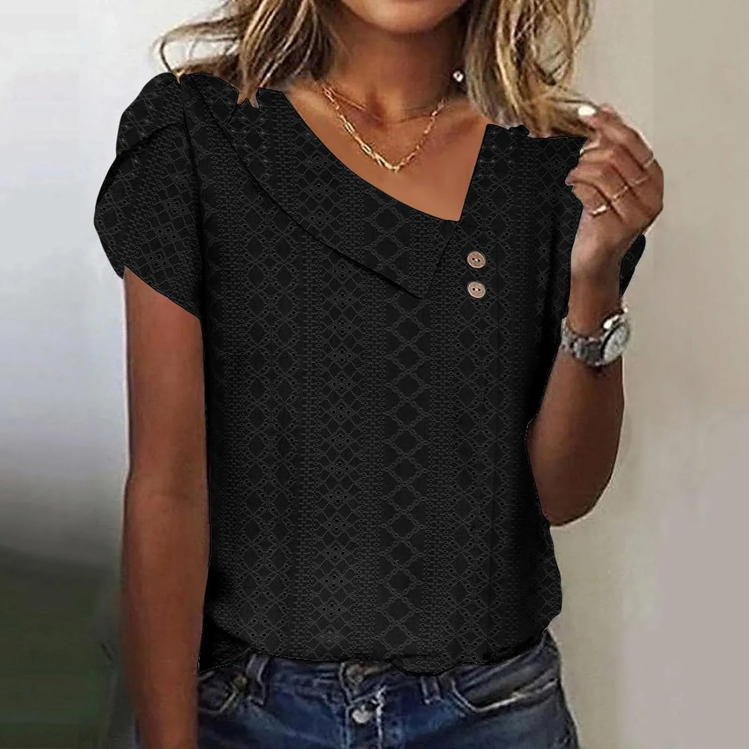 Business Casual Tops for Women Short Sleeve T Shirts Casual V Neck Blouses Eyelet Embroidered Tshirts Loose Trendy Tee