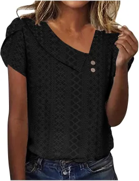Business Casual Tops for Women Short Sleeve T Shirts Casual V Neck Blouses Eyelet Embroidered Tshirts Loose Trendy Tee