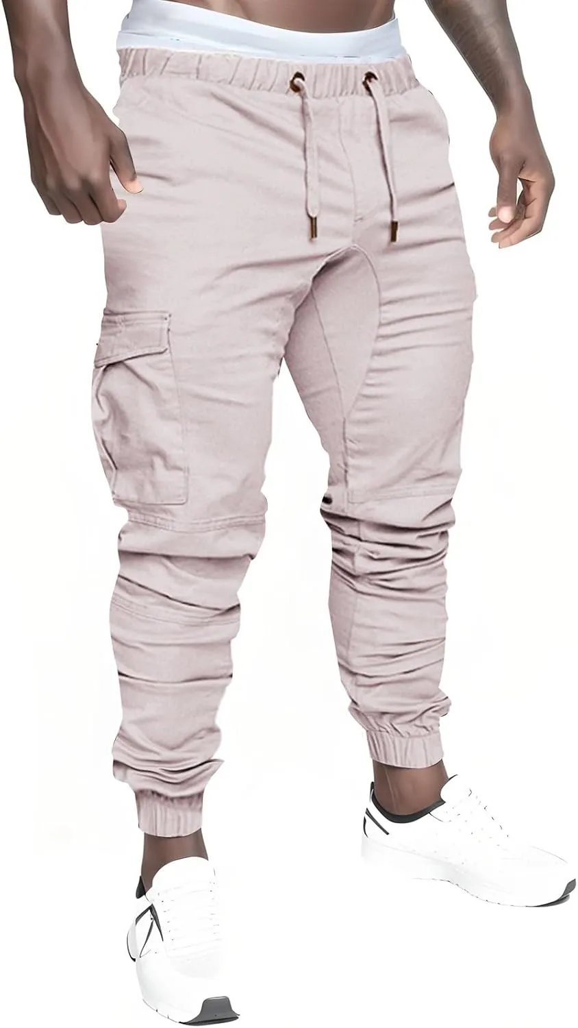 Cargo Joggers Men Casual Slim Fit Chino Trousers with Pockets Fashion Drawstring Cotton Sweatpants