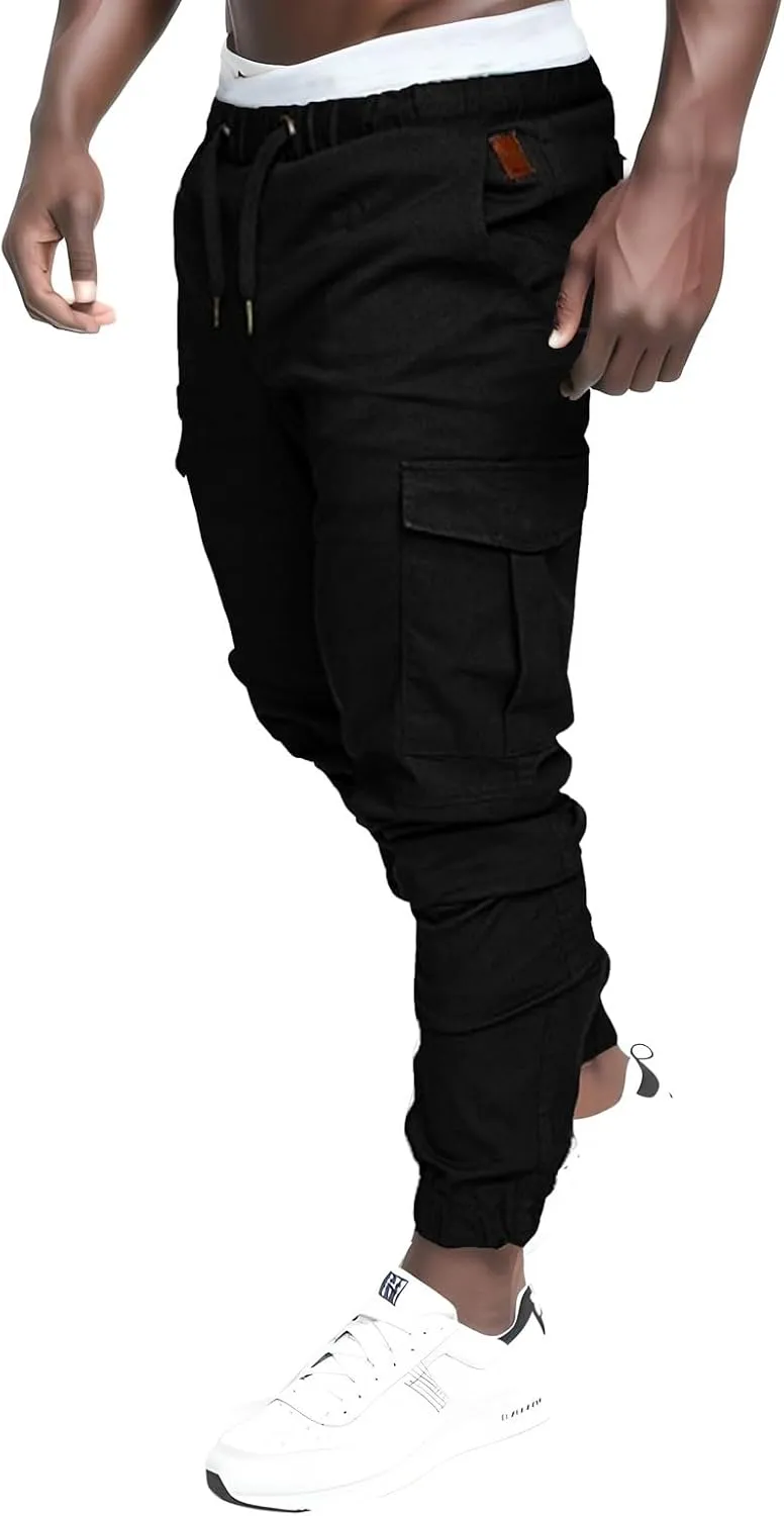 Cargo Joggers Men Casual Slim Fit Chino Trousers with Pockets Fashion Drawstring Cotton Sweatpants