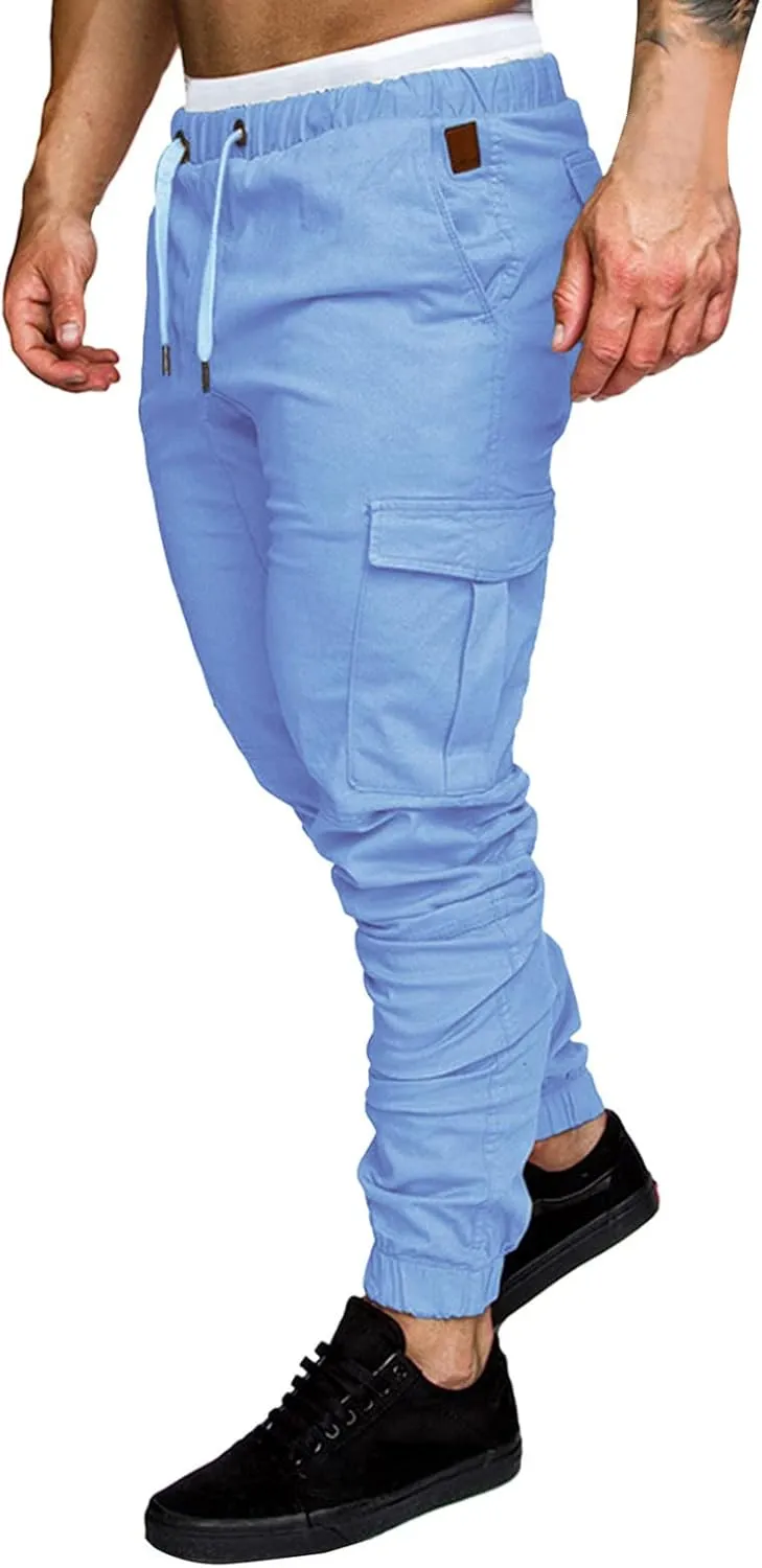 Cargo Joggers Men Casual Slim Fit Chino Trousers with Pockets Fashion Drawstring Cotton Sweatpants