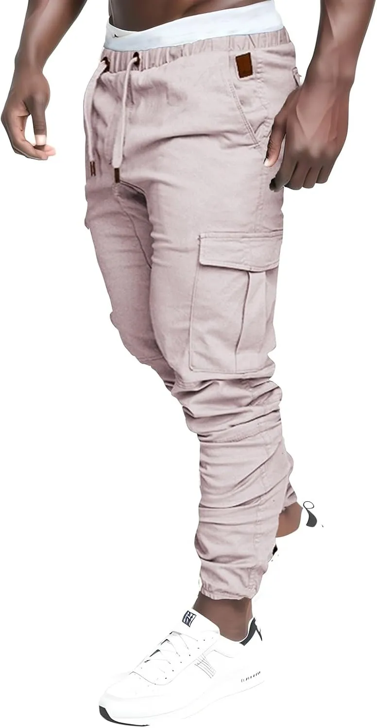 Cargo Joggers Men Casual Slim Fit Chino Trousers with Pockets Fashion Drawstring Cotton Sweatpants