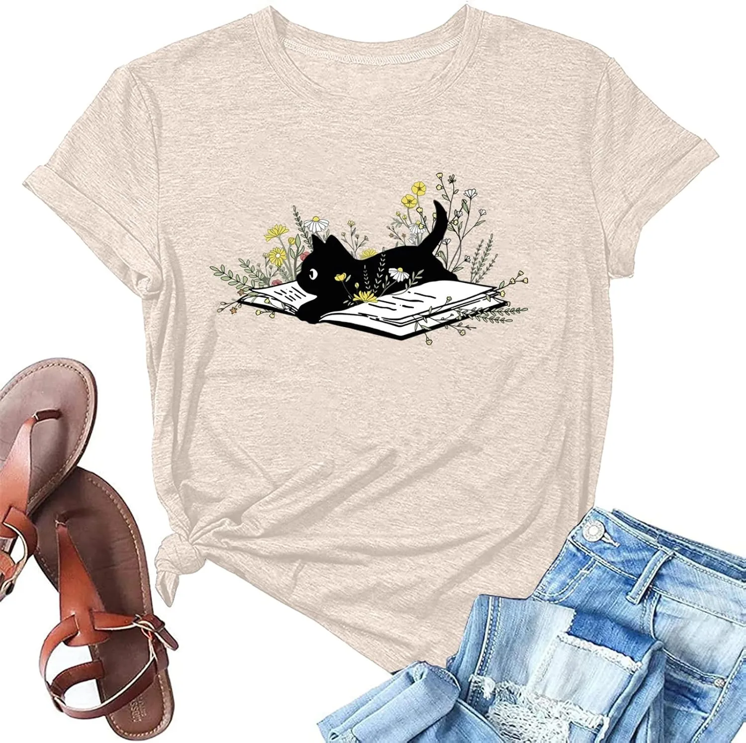 Cat Book T Shirt for Women Funny Summer Short Sleeve Tops Print Graphic Tees