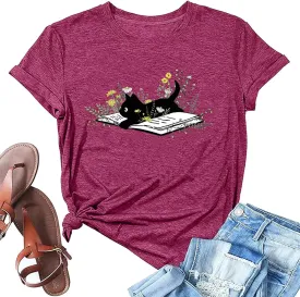 Cat Book T Shirt for Women Funny Summer Short Sleeve Tops Print Graphic Tees