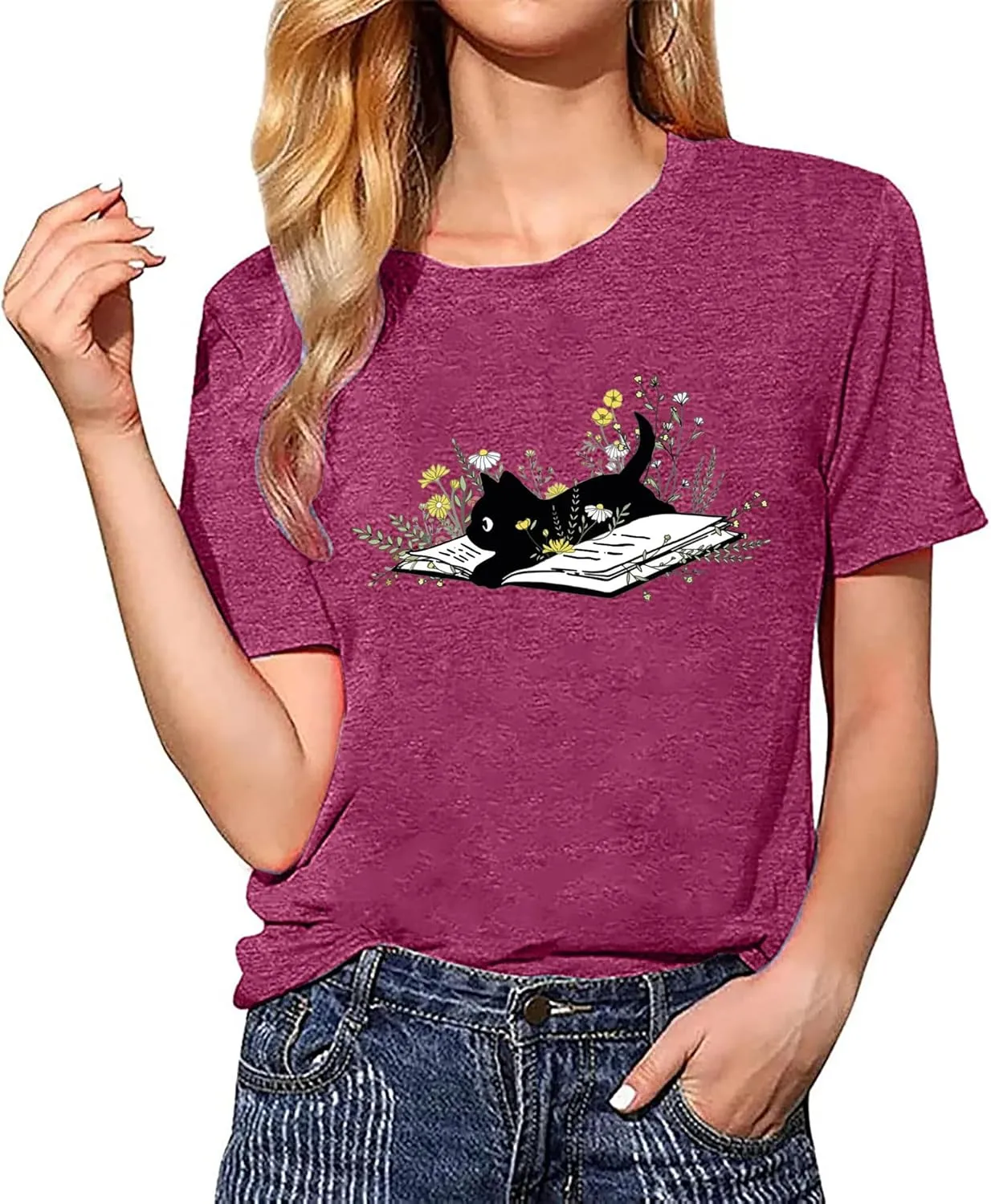 Cat Book T Shirt for Women Funny Summer Short Sleeve Tops Print Graphic Tees
