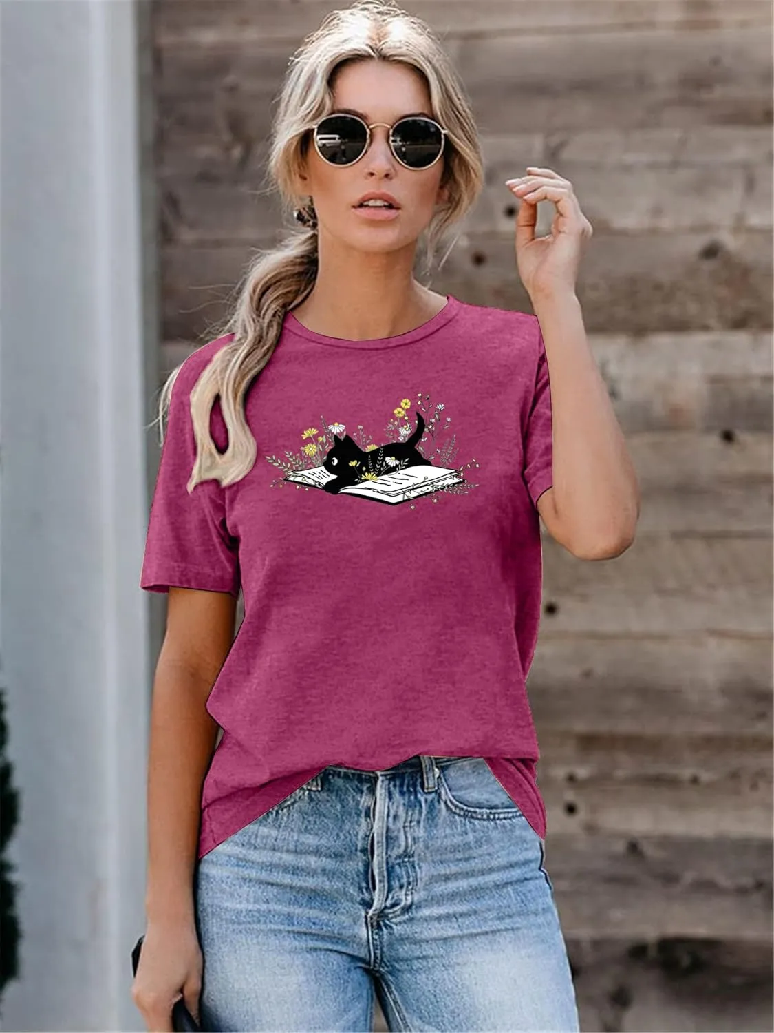 Cat Book T Shirt for Women Funny Summer Short Sleeve Tops Print Graphic Tees