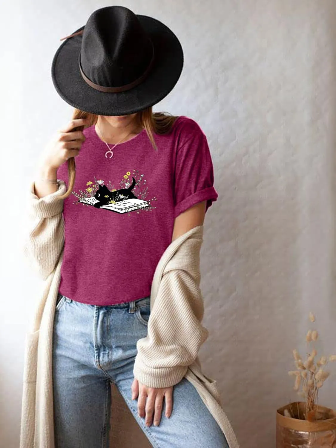 Cat Book T Shirt for Women Funny Summer Short Sleeve Tops Print Graphic Tees