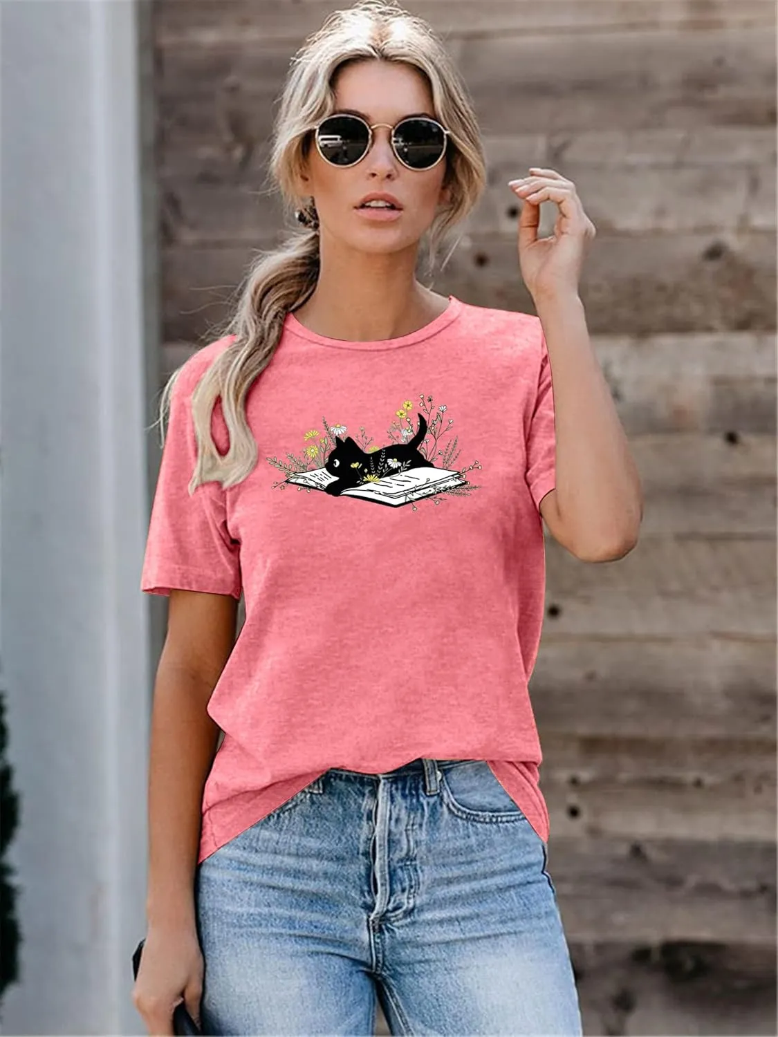 Cat Book T Shirt for Women Funny Summer Short Sleeve Tops Print Graphic Tees