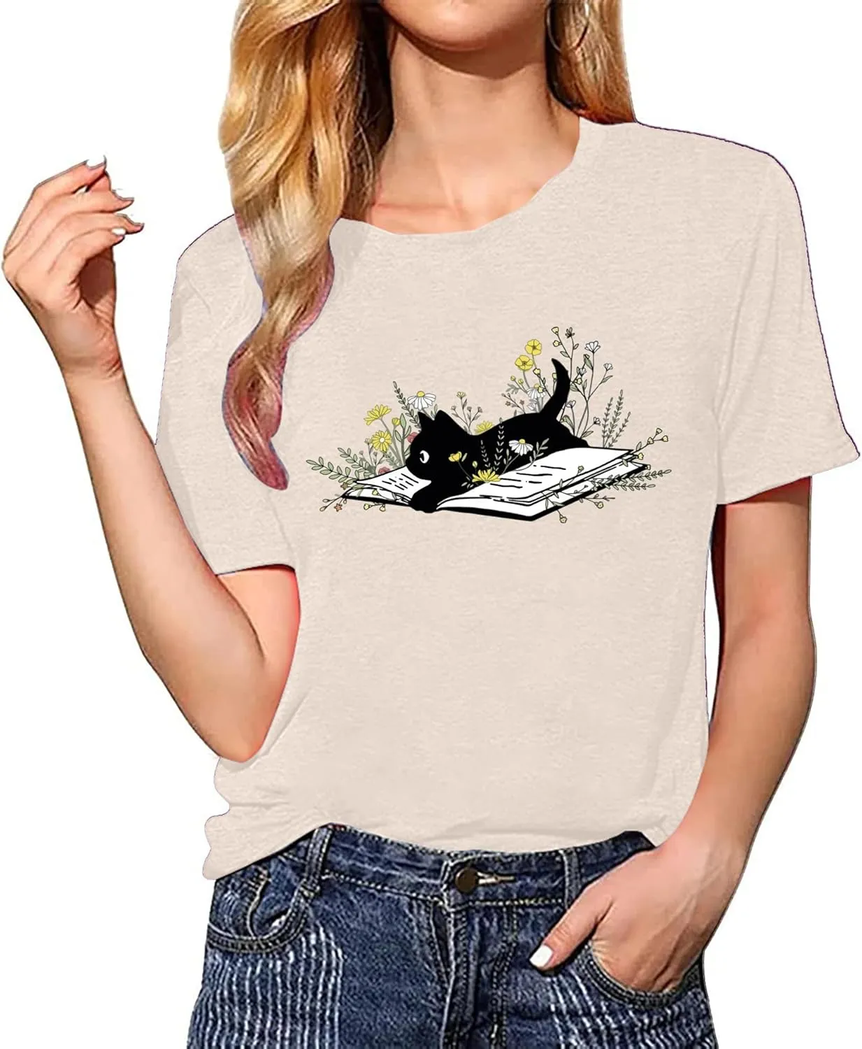 Cat Book T Shirt for Women Funny Summer Short Sleeve Tops Print Graphic Tees