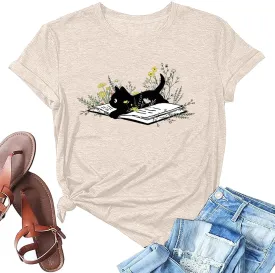 Cat Book T Shirt for Women Funny Summer Short Sleeve Tops Print Graphic Tees