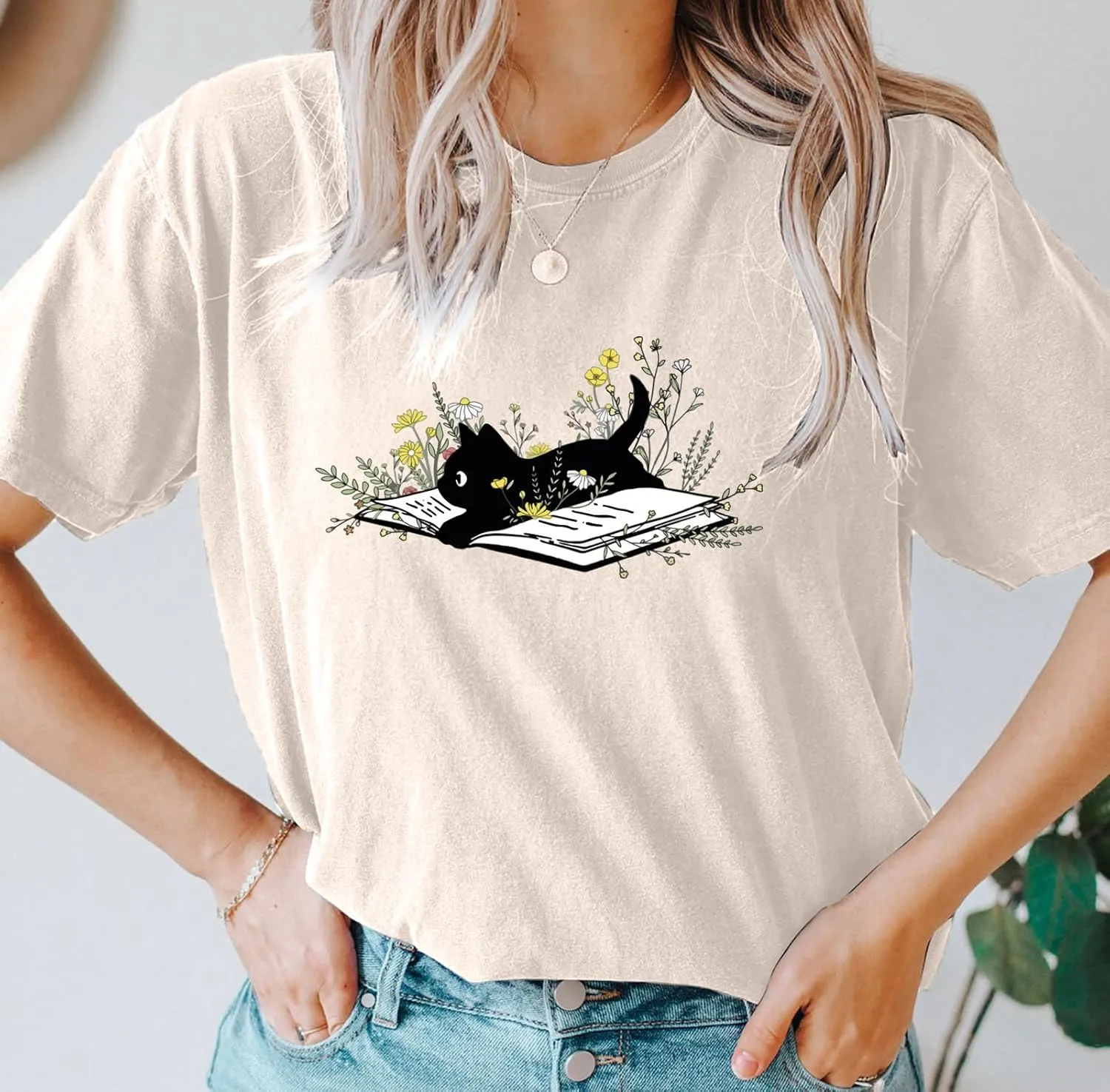 Cat Book T Shirt for Women Funny Summer Short Sleeve Tops Print Graphic Tees
