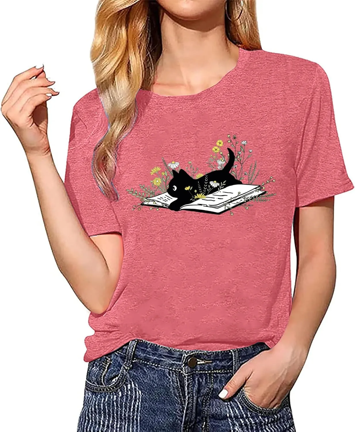 Cat Book T Shirt for Women Funny Summer Short Sleeve Tops Print Graphic Tees