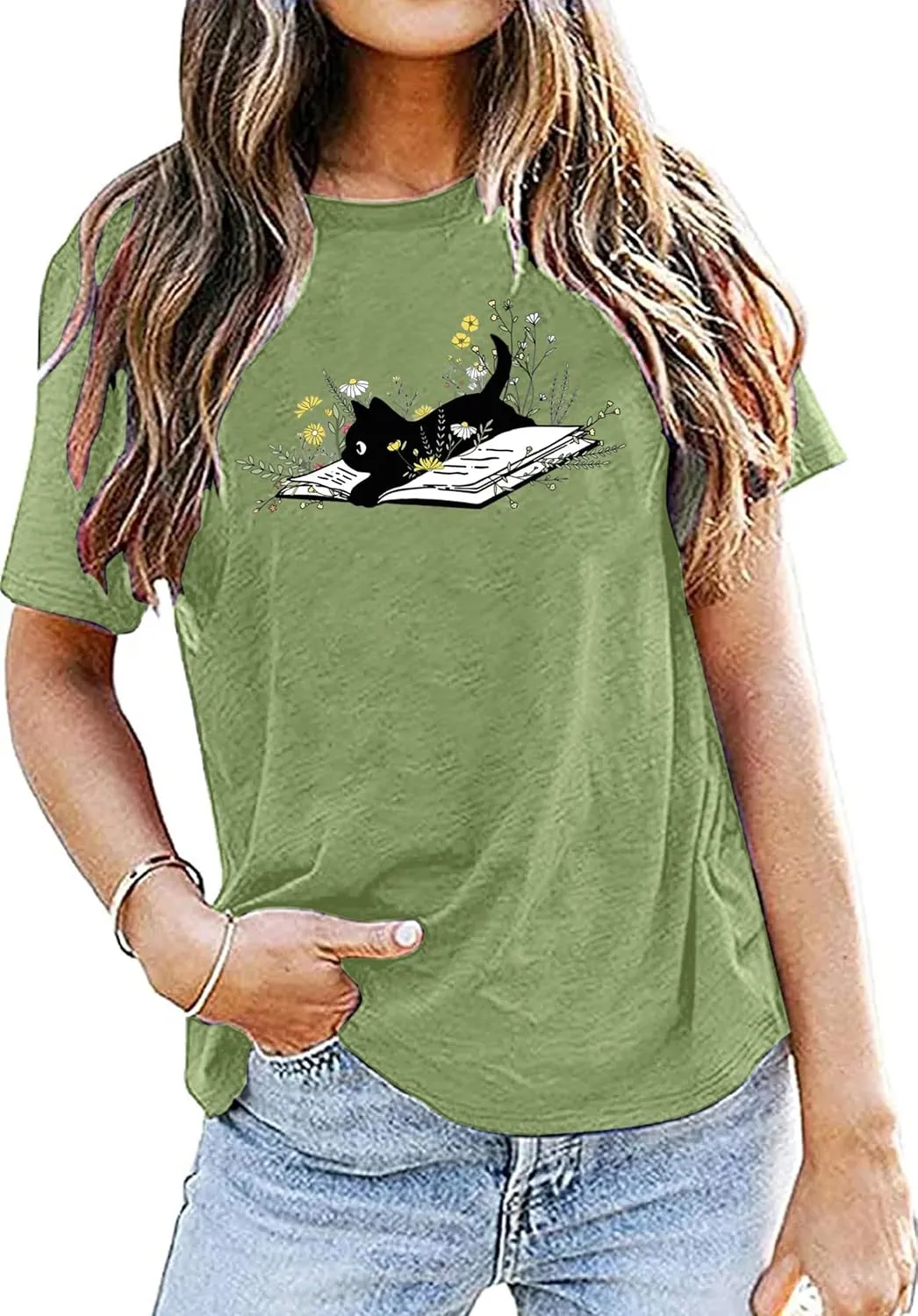 Cat Book T Shirt for Women Funny Summer Short Sleeve Tops Print Graphic Tees