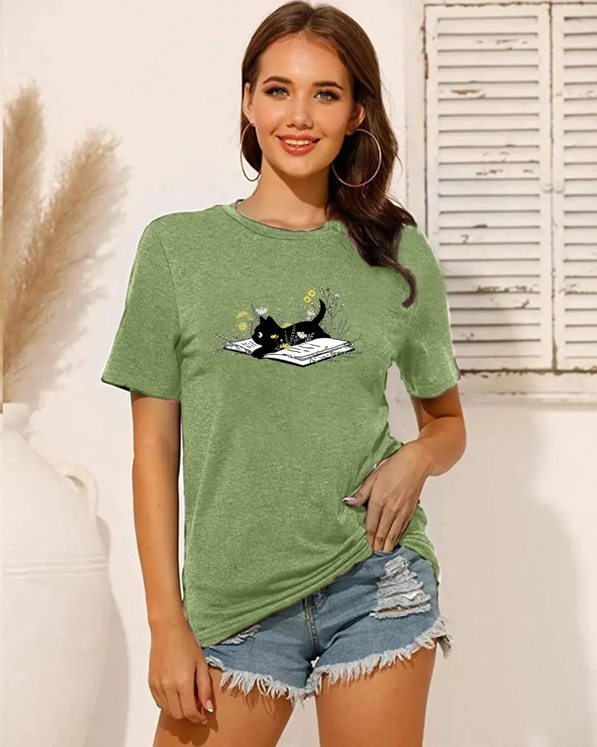 Cat Book T Shirt for Women Funny Summer Short Sleeve Tops Print Graphic Tees