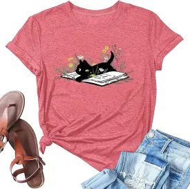 Cat Book T Shirt for Women Funny Summer Short Sleeve Tops Print Graphic Tees