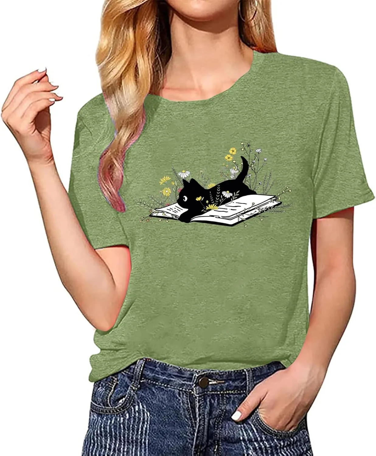 Cat Book T Shirt for Women Funny Summer Short Sleeve Tops Print Graphic Tees