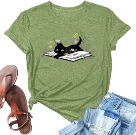 Cat Book T Shirt for Women Funny Summer Short Sleeve Tops Print Graphic Tees
