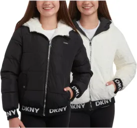 DKNY Girls' Hooded Puffer Jacket - Insulated Reversible Faux Fur Bomber Winter Coat - Quilted Outerwear for Girls (7-16)